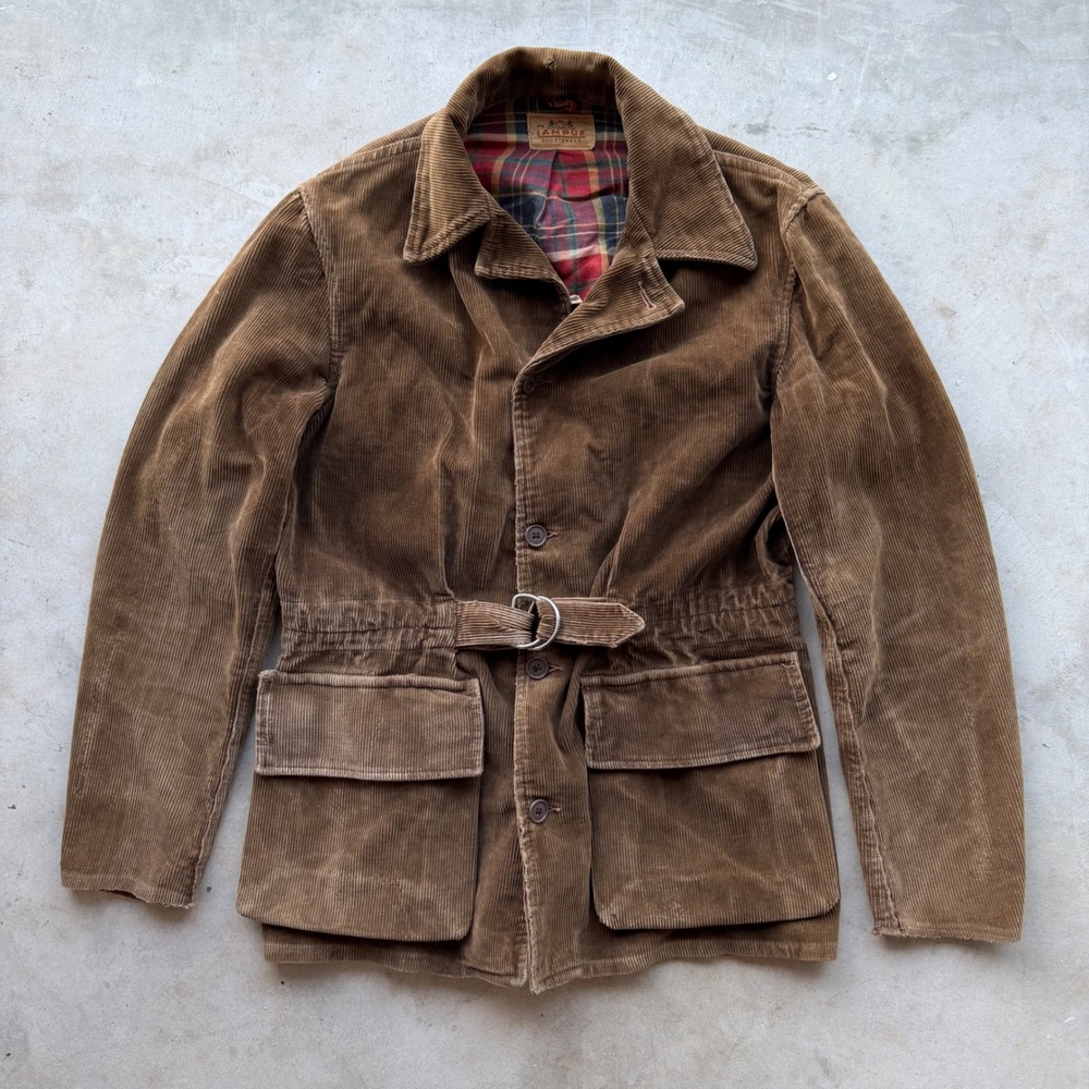 Vintage Campus Sportswear Brown Corduroy Safari Jacket Belted Plaid Lined 42